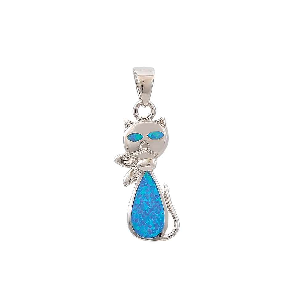 Cat Pendant with Opal Stone in Silver 925
